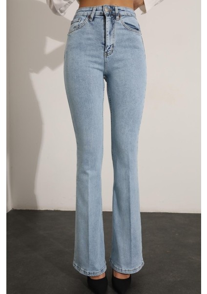 Kadın Kar Mavi Ispanyol Paça Kot Pantolon Flare Jeans ( Yüksek Bel )
