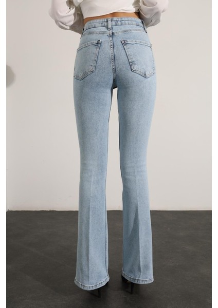 Kadın Kar Mavi Ispanyol Paça Kot Pantolon Flare Jeans ( Yüksek Bel )