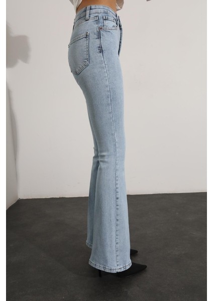 Kadın Kar Mavi Ispanyol Paça Kot Pantolon Flare Jeans ( Yüksek Bel )