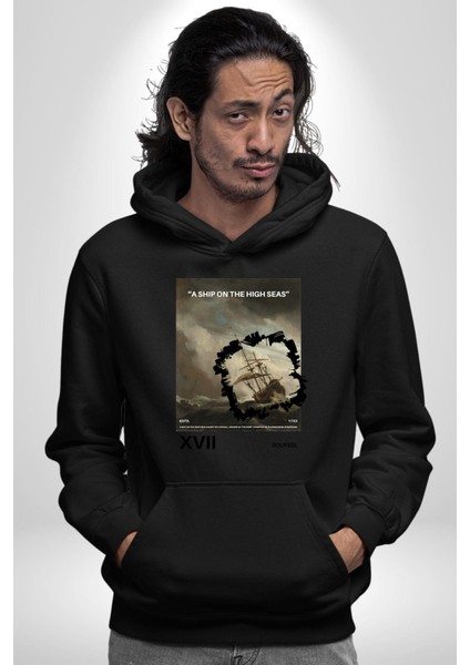Açık Denizlerde Bir Gemi Kadın Erkek Baskılı Üç Iplik Siyah Kapüşonlu Hodie Sweatshirt fiyatları