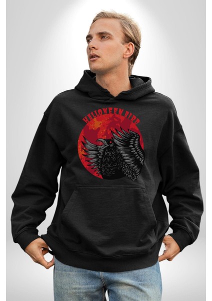 Cadılar Bayramı Kuşu Kadın Erkek Baskılı Üç Iplik Siyah Kapüşonlu Hodie Sweatshirt fiyatları