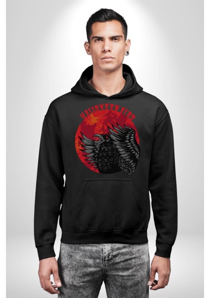 Cadılar Bayramı Kuşu Kadın Erkek Baskılı Üç Iplik Siyah Kapüşonlu Hodie Sweatshirt modelleri