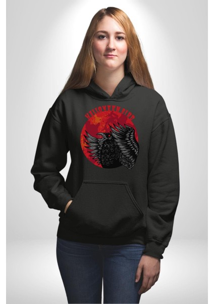 Cadılar Bayramı Kuşu Kadın Erkek Baskılı Üç Iplik Siyah Kapüşonlu Hodie Sweatshirt fırsatları