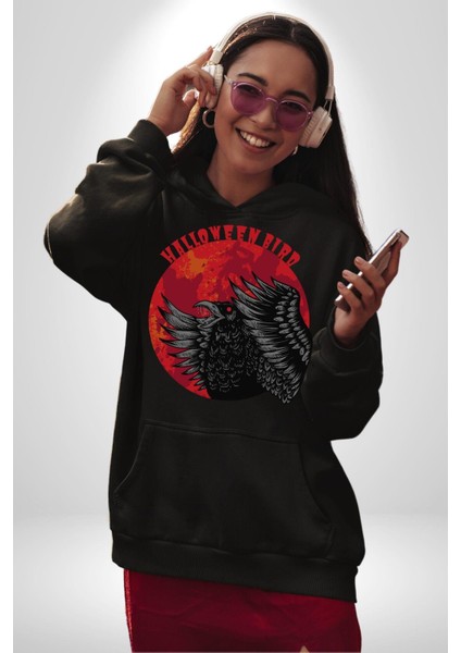 Cadılar Bayramı Kuşu Kadın Erkek Baskılı Üç Iplik Siyah Kapüşonlu Hodie Sweatshirt indirimleri