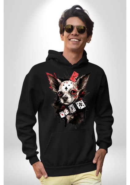 Chihuahua Köpek Poker Kadın Erkek Baskılı Üç Iplik Siyah Kapüşonlu Hodie Sweatshirt