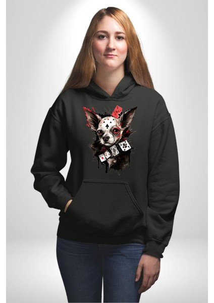 Chihuahua Köpek Poker Kadın Erkek Baskılı Üç Iplik Siyah Kapüşonlu Hodie Sweatshirt indirimleri