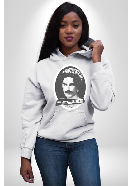 Tanrı Queen I Korusun Freddie Mercury Kadın Erkek Baskılı Üç Iplik Beyaz Kapüşonlu Hodie Sweatshirt fiyatları