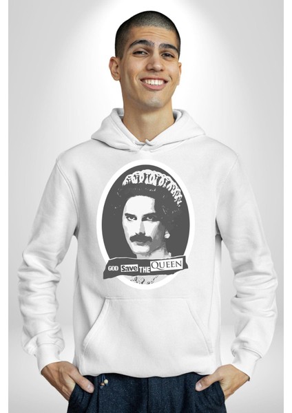 Tanrı Queen I Korusun Freddie Mercury Kadın Erkek Baskılı Üç Iplik Beyaz Kapüşonlu Hodie Sweatshirt modelleri