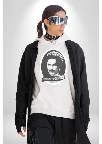 Tanrı Queen I Korusun Freddie Mercury Kadın Erkek Baskılı Üç Iplik Beyaz Kapüşonlu Hodie Sweatshirt indirimleri