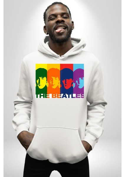 The Beatles Efsane Grup Kadın Erkek Baskılı Üç Iplik Beyaz Kapüşonlu Hodie Sweatshirt