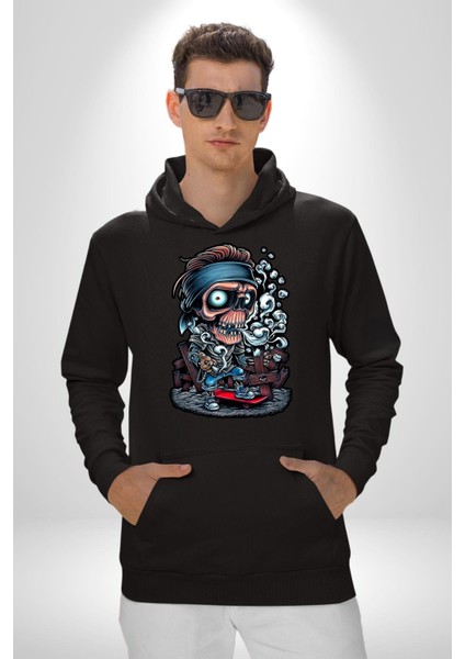 Kaykay Süren Iskelet Adam Kadın Erkek Baskılı Üç Iplik Siyah Kapüşonlu Hodie Sweatshirt