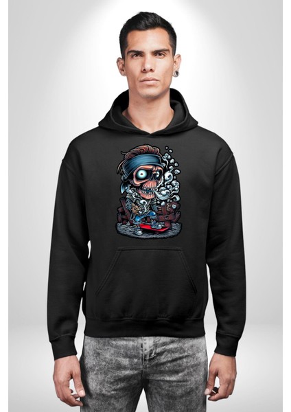 Kaykay Süren Iskelet Adam Kadın Erkek Baskılı Üç Iplik Siyah Kapüşonlu Hodie Sweatshirt indirimleri