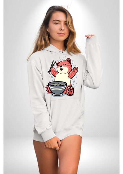 Noodle Yiyen Tatlı Kaplan Kadın Erkek Baskılı Üç Iplik Beyaz Kapüşonlu Hodie Sweatshirt