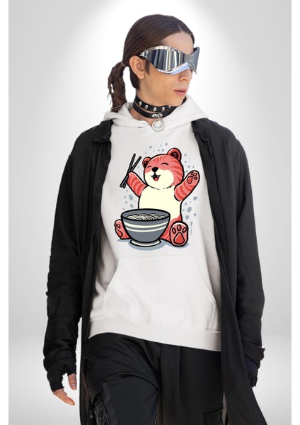 Noodle Yiyen Tatlı Kaplan Kadın Erkek Baskılı Üç Iplik Beyaz Kapüşonlu Hodie Sweatshirt fiyatları