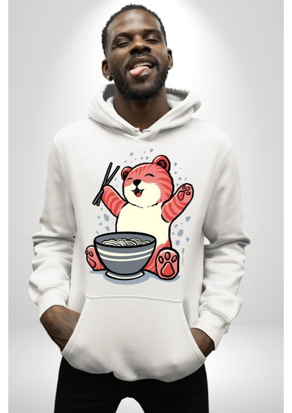 Noodle Yiyen Tatlı Kaplan Kadın Erkek Baskılı Üç Iplik Beyaz Kapüşonlu Hodie Sweatshirt fırsatları