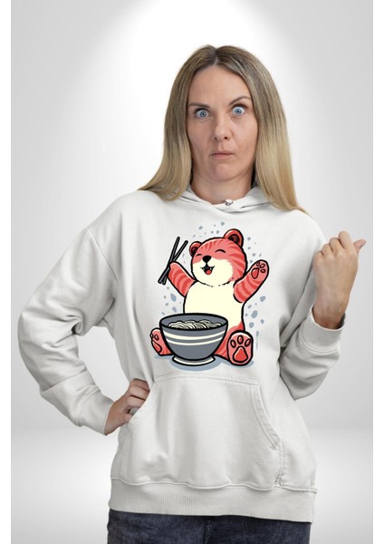 Noodle Yiyen Tatlı Kaplan Kadın Erkek Baskılı Üç Iplik Beyaz Kapüşonlu Hodie Sweatshirt indirimleri
