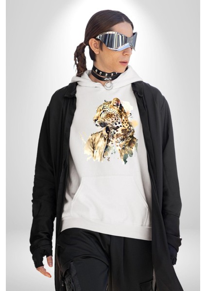 Deri Ceketli Cool Leopar Kadın Erkek Baskılı Üç Iplik Beyaz Kapüşonlu Hodie Sweatshirt
