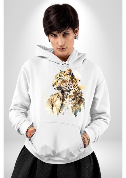 Deri Ceketli Cool Leopar Kadın Erkek Baskılı Üç Iplik Beyaz Kapüşonlu Hodie Sweatshirt fiyatları