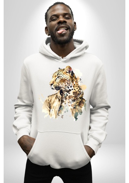 Deri Ceketli Cool Leopar Kadın Erkek Baskılı Üç Iplik Beyaz Kapüşonlu Hodie Sweatshirt modelleri