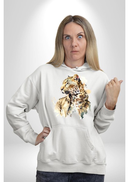 Deri Ceketli Cool Leopar Kadın Erkek Baskılı Üç Iplik Beyaz Kapüşonlu Hodie Sweatshirt fırsatları
