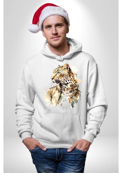 Deri Ceketli Cool Leopar Kadın Erkek Baskılı Üç Iplik Beyaz Kapüşonlu Hodie Sweatshirt indirimleri