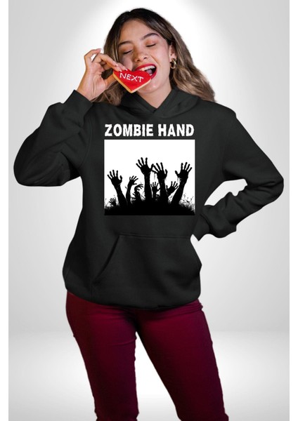 Zombi Elleri Logo Kadın Erkek Baskılı Üç Iplik Siyah Kapüşonlu Hodie Sweatshirt