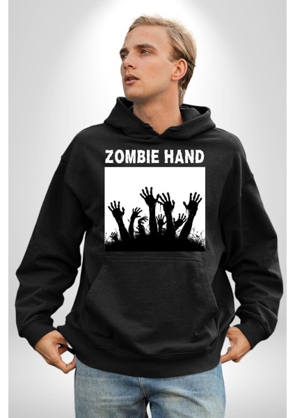 Zombi Elleri Logo Kadın Erkek Baskılı Üç Iplik Siyah Kapüşonlu Hodie Sweatshirt fiyatları