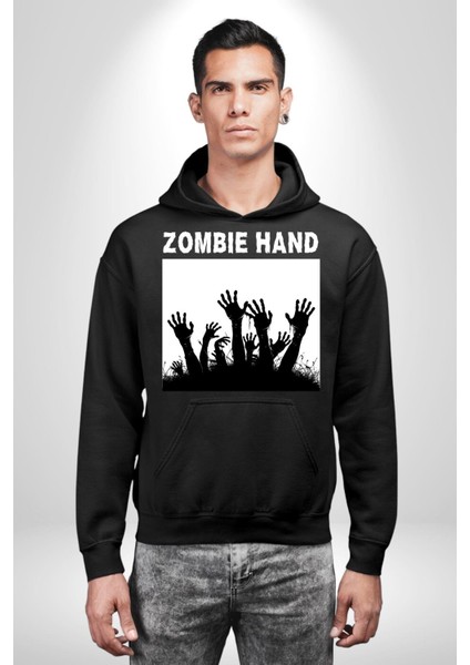 Zombi Elleri Logo Kadın Erkek Baskılı Üç Iplik Siyah Kapüşonlu Hodie Sweatshirt modelleri