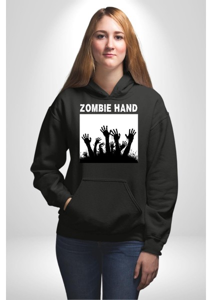 Zombi Elleri Logo Kadın Erkek Baskılı Üç Iplik Siyah Kapüşonlu Hodie Sweatshirt fırsatları