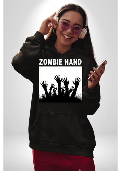 Zombi Elleri Logo Kadın Erkek Baskılı Üç Iplik Siyah Kapüşonlu Hodie Sweatshirt indirimleri