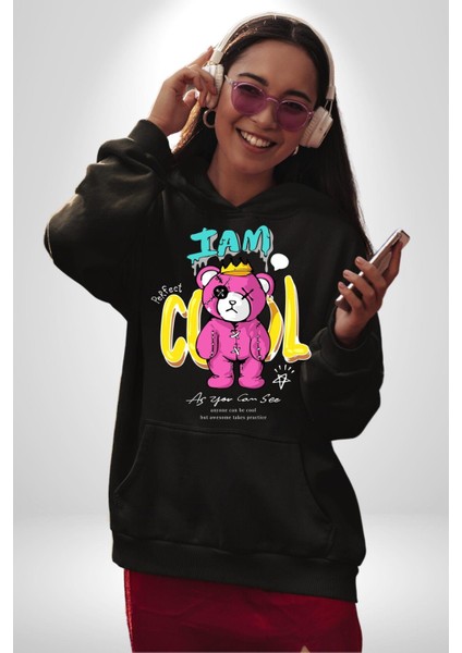 Ben Havalıyım Oyuncak Ayı Kadın Erkek Baskılı Üç Iplik Siyah Kapüşonlu Hodie Sweatshirt