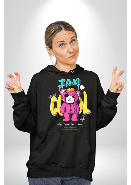 Ben Havalıyım Oyuncak Ayı Kadın Erkek Baskılı Üç Iplik Siyah Kapüşonlu Hodie Sweatshirt fiyatları