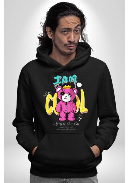 Ben Havalıyım Oyuncak Ayı Kadın Erkek Baskılı Üç Iplik Siyah Kapüşonlu Hodie Sweatshirt modelleri