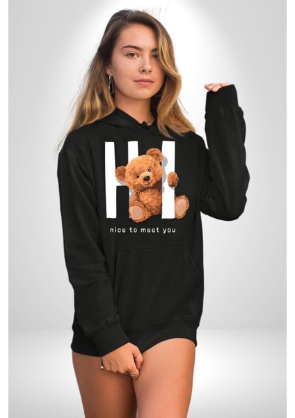 Tanıştığıma Memnun Oldum Oyuncak Ayı Kadın Erkek Baskılı Üç Iplik Siyah Kapüşonlu Hodie Sweatshirt