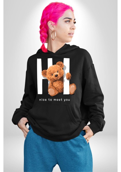 Tanıştığıma Memnun Oldum Oyuncak Ayı Kadın Erkek Baskılı Üç Iplik Siyah Kapüşonlu Hodie Sweatshirt fiyatları