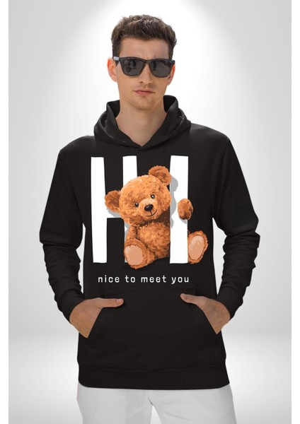 Tanıştığıma Memnun Oldum Oyuncak Ayı Kadın Erkek Baskılı Üç Iplik Siyah Kapüşonlu Hodie Sweatshirt modelleri