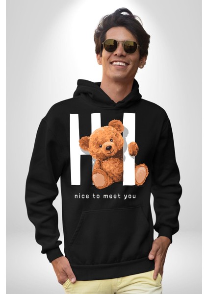 Tanıştığıma Memnun Oldum Oyuncak Ayı Kadın Erkek Baskılı Üç Iplik Siyah Kapüşonlu Hodie Sweatshirt fırsatları