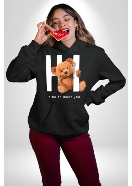 Tanıştığıma Memnun Oldum Oyuncak Ayı Kadın Erkek Baskılı Üç Iplik Siyah Kapüşonlu Hodie Sweatshirt indirimleri