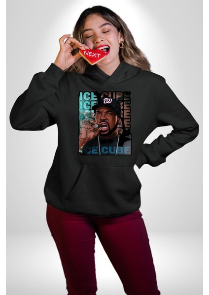 Ice Cube Rap Yıldızı Kadın Erkek Baskılı Üç Iplik Siyah Kapüşonlu Hodie Sweatshirt