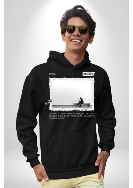 Düşünen Mesajlaşan Modern Kız Kadın Erkek Baskılı Üç Iplik Siyah Kapüşonlu Hodie Sweatshirt