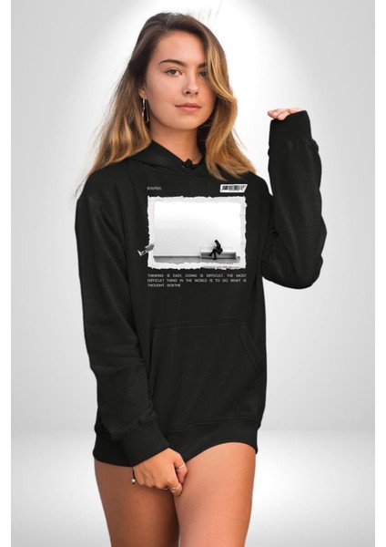 Düşünen Mesajlaşan Modern Kız Kadın Erkek Baskılı Üç Iplik Siyah Kapüşonlu Hodie Sweatshirt modelleri