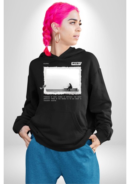 Düşünen Mesajlaşan Modern Kız Kadın Erkek Baskılı Üç Iplik Siyah Kapüşonlu Hodie Sweatshirt fırsatları