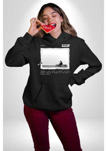 Düşünen Mesajlaşan Modern Kız Kadın Erkek Baskılı Üç Iplik Siyah Kapüşonlu Hodie Sweatshirt indirimleri