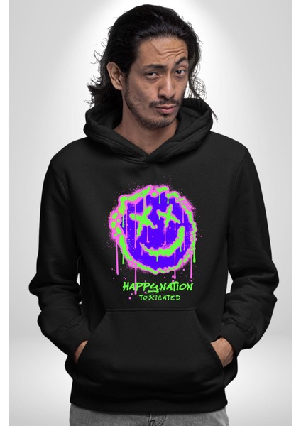 Mutlu Ulus Zehirlendi Sokak Tarzı Kadın Erkek Baskılı Üç Iplik Siyah Kapüşonlu Hodie Sweatshirt