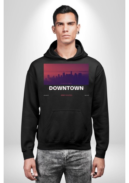 Şehir Merkezi Los Angeles Modern Kadın Erkek Baskılı Üç Iplik Siyah Kapüşonlu Hodie Sweatshirt