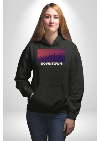 Şehir Merkezi Los Angeles Modern Kadın Erkek Baskılı Üç Iplik Siyah Kapüşonlu Hodie Sweatshirt modelleri