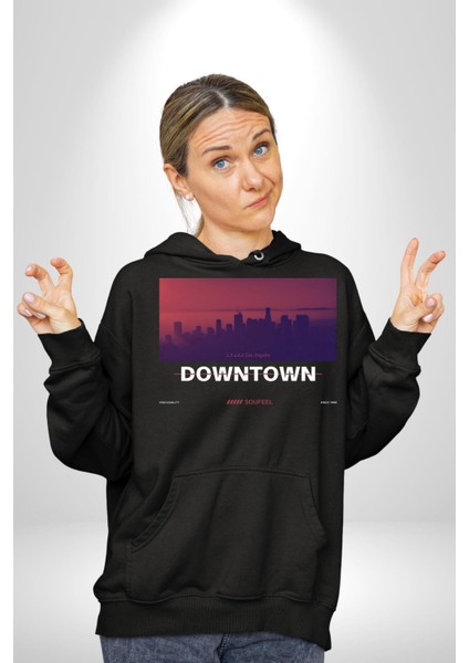 Şehir Merkezi Los Angeles Modern Kadın Erkek Baskılı Üç Iplik Siyah Kapüşonlu Hodie Sweatshirt fırsatları