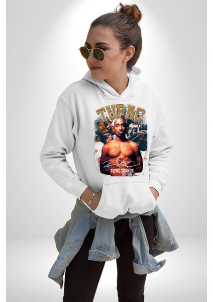 Tupac Shakur Rap Efsanesi Imza Kadın Erkek Baskılı Üç Iplik Beyaz Kapüşonlu Hodie Sweatshirt