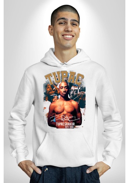 Tupac Shakur Rap Efsanesi Imza Kadın Erkek Baskılı Üç Iplik Beyaz Kapüşonlu Hodie Sweatshirt modelleri