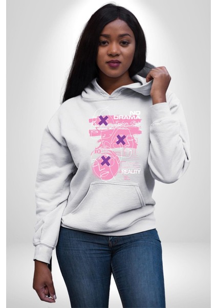 Drama Yok Sadece Gerçeklik Kadın Erkek Baskılı Üç Iplik Beyaz Kapüşonlu Hodie Sweatshirt